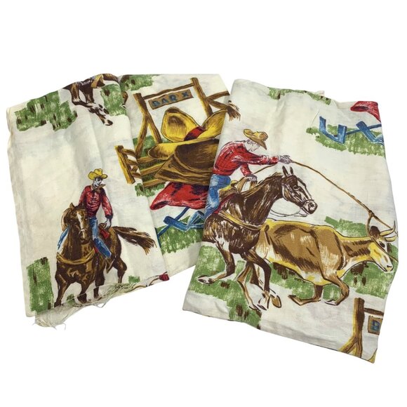 Set of Two 1950-60s Cowboy Western Rodeo Pillow Cases Fabric Horse Steer w/ Flaw - Picture 1 of 9